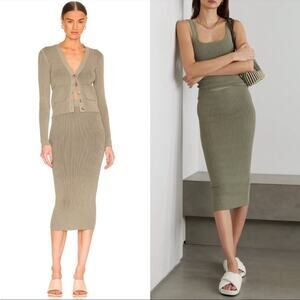 ANINE BING Julian Ribbed Knit Midi Skirt XS NWT Green Khaki & Olive